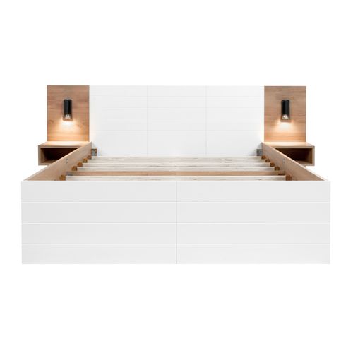 Lit Double En Bois 160x200cm Avec 2 Tiroirs,tête De Lit Avec Éclairage Port USB,2 Tables De Chevet
