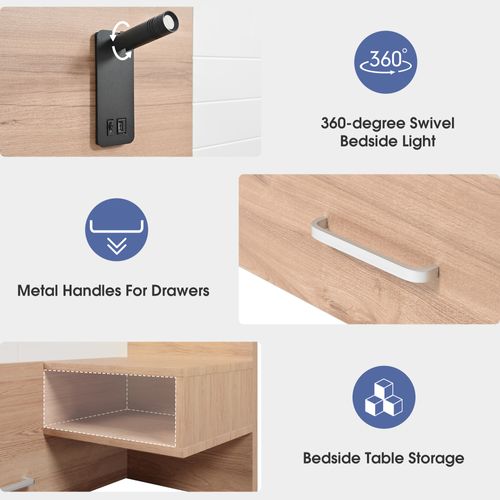 Lit double 180×200 cm avec rangements et lampes LED, port USB，chêne/blanc, 2 chevets inclus
