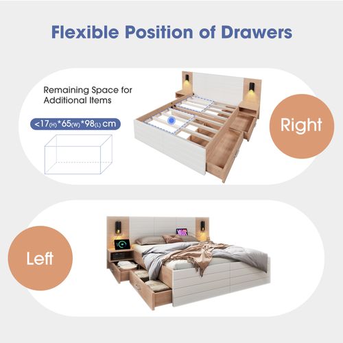 Lit double 180×200 cm avec rangements et lampes LED, port USB，chêne/blanc, 2 chevets inclus