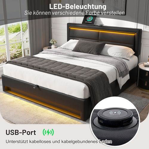 Lit Rembourré En Pu Motif Litchi 140 X 200 Cm Avec LED USB Rangement Sans Matelas, Noir