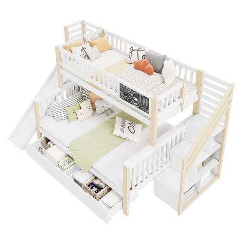 Lit Maison Multifonction 140x200cm Et 90x200cm Avec Toboggan, Tableau Et Étagères, Blanc