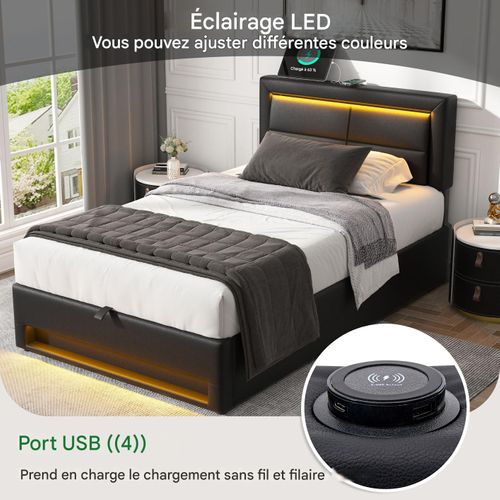 Lit Rembourré En Pu Motif Litchi 90 X 200 Cm Avec LED, Port USB Et Rangement Sans Matelas, Noir