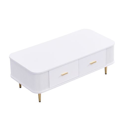 Table Basse Avec Tiroirs, Côtés Ondulés, Pieds Dorés Et Poignées Dorées, Table Moderne