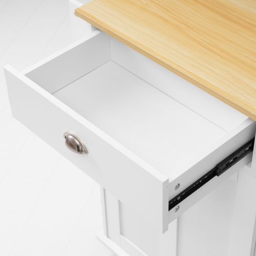 Chariot Cuisine Blanc 112x40(70)x94 Cm Avec Plateau Rabattable, Portes, Roulettes, Pieds Bois