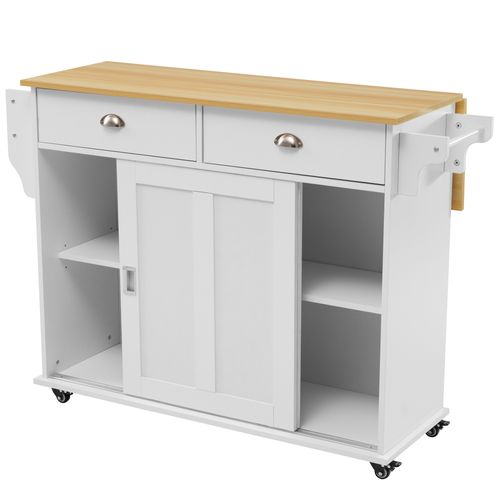 Chariot Cuisine Blanc 112x40(70)x94 Cm Avec Plateau Rabattable, Portes, Roulettes, Pieds Bois