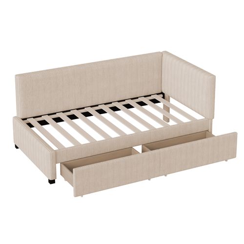 Lit Convertible 90*200 Cm, Multifonction, 2 Tiroirs, Sommier à Lattes, Velours Beige