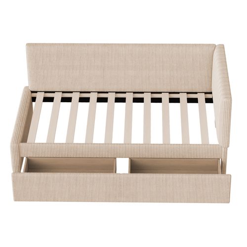 Lit Convertible 90*200 Cm, Multifonction, 2 Tiroirs, Sommier à Lattes, Velours Beige