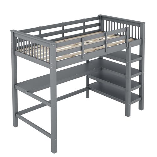 Lit Mezzanine 90x200 Cm Avec Étagères Et Bureau Sous Le Lit, Sans Matelas, Gris