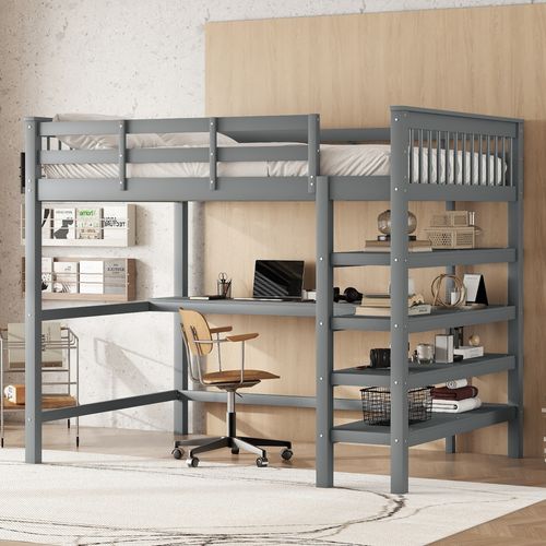 Lit Mezzanine 140x200 Cm Avec Étagères Et Bureau Sous Le Lit, Sans Matelas, Gris