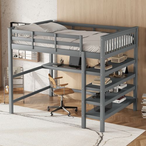 Lit Mezzanine 140x200 Cm Avec Étagères Et Bureau Sous Le Lit, Sans Matelas, Gris