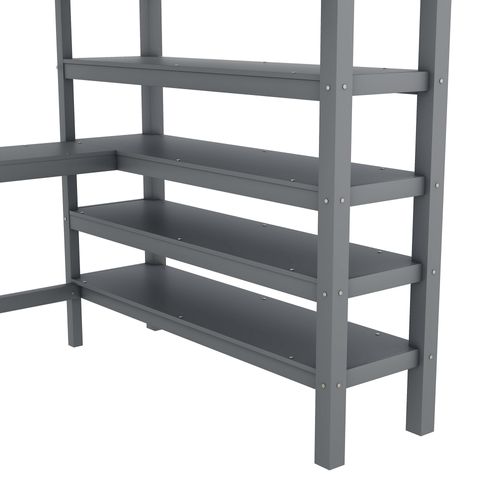 Lit Mezzanine 140x200 Cm Avec Étagères Et Bureau Sous Le Lit, Sans Matelas, Gris