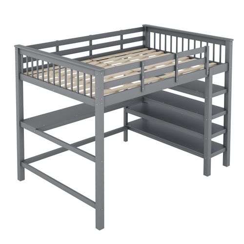 Lit Mezzanine 140x200 Cm Avec Étagères Et Bureau Sous Le Lit, Sans Matelas, Gris