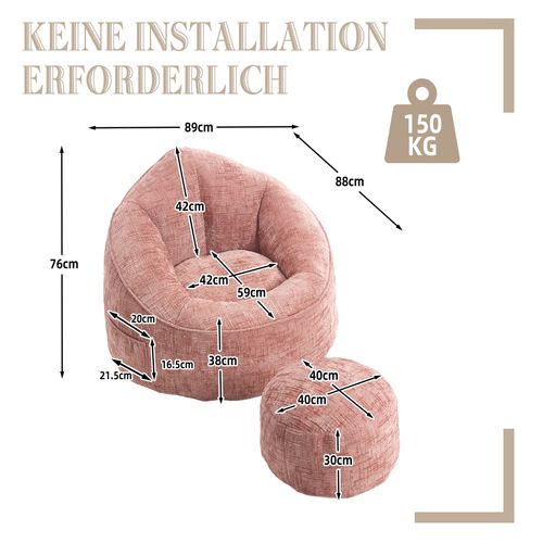 Fauteuil Pouf En Mousse Compressée Haute Densité, Avec Repose-pieds, Rose