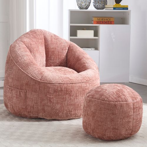 Fauteuil Pouf En Mousse Compressée Haute Densité, Avec Repose-pieds, Rose