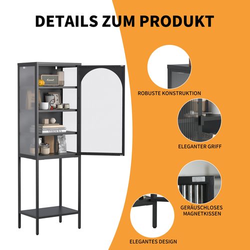 Vitrine, Armoire En Métal Et Verre, Étagères Réglables, H160cm×l50cm×p35cm, Pour Salon, Cuisine,noir