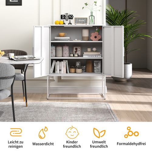 Buffet Métallique, Acier, 2 Étagères, Portes Magnétiques, Système Anti-renversement, Blanc