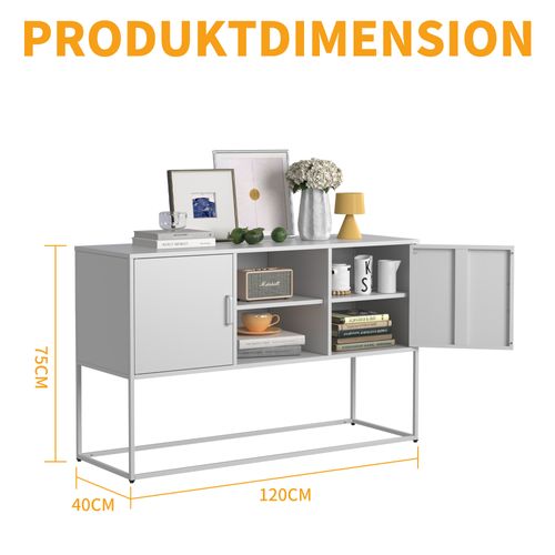 Buffet En Métal Robustes Avec Accents Blancs, Rangement Sécurisé, H 75 Cm × B 120 Cm × T 40 Cm