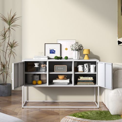 Buffet En Métal Robustes Avec Accents Blancs, Rangement Sécurisé, H 75 Cm × B 120 Cm × T 40 Cm