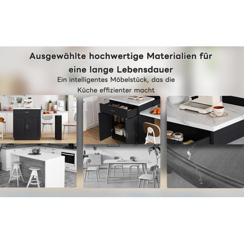 Îlot De Cuisine Mdf Marbré Avec Rallonge Table 4-6 Pers, Tiroirs, Étagères, , Noir/blanc