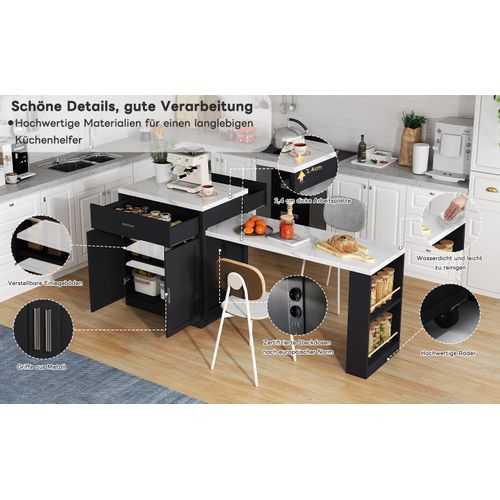 Îlot De Cuisine Mdf Marbré Avec Rallonge Table 4-6 Pers, Tiroirs, Étagères, , Noir/blanc