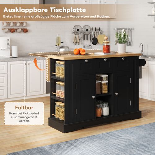 Table De Bar, Table De Cuisine Mobile 132 Cm, Plan De Travail Pliable, Tiroir, Roulettes