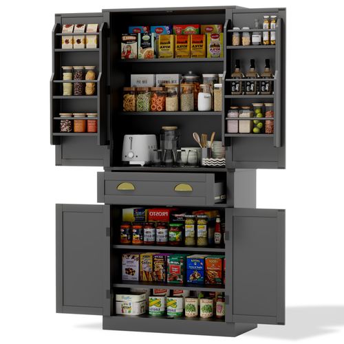 Armoire De Rangement 182 Cm, Bois, 4 Portes, 1 Tiroir, 6 Compartiments, Noir