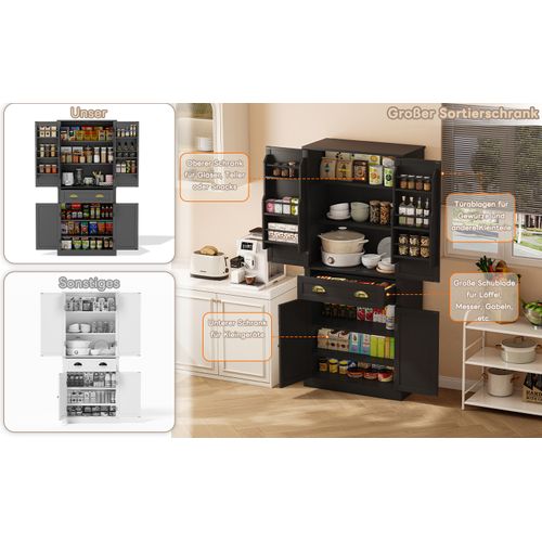 Armoire De Rangement 182 Cm, Bois, 4 Portes, 1 Tiroir, 6 Compartiments, Noir