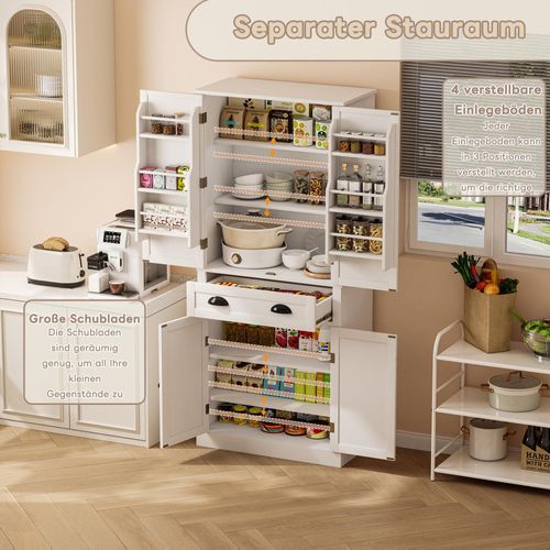 Armoire De Rangement, Bois, 4 Portes, 1 Tiroir, 6 Compartiments, 4 Étagères Réglables, Blanc