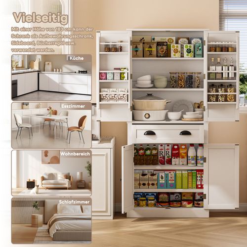 Armoire De Rangement, Bois, 4 Portes, 1 Tiroir, 6 Compartiments, 4 Étagères Réglables, Blanc