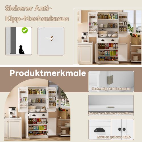 Armoire De Rangement, Bois, 4 Portes, 1 Tiroir, 6 Compartiments, 4 Étagères Réglables, Blanc