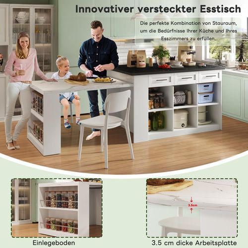 Îlot De Cuisine 150+96cm Bois Marbré Avec Tiroirs, Rangement Intégré, , Noir/blanc