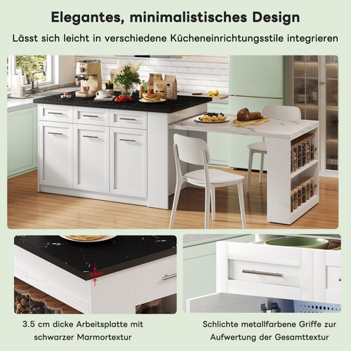 Îlot De Cuisine 150+96cm Bois Marbré Avec Tiroirs, Rangement Intégré, , Noir/blanc