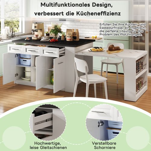 Îlot De Cuisine 150+96cm Bois Marbré Avec Tiroirs, Rangement Intégré, , Noir/blanc