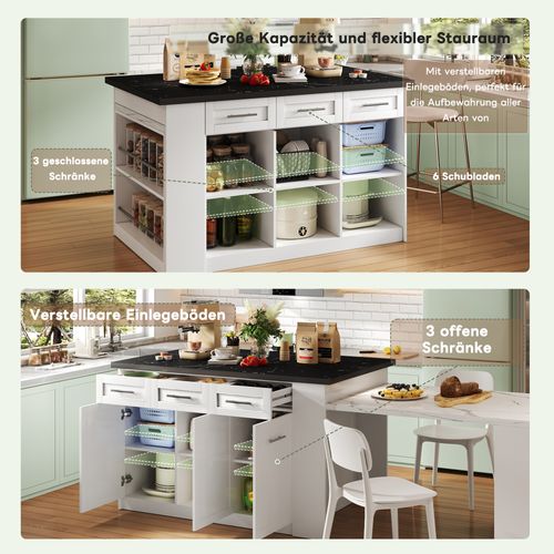 Îlot De Cuisine 150+96cm Bois Marbré Avec Tiroirs, Rangement Intégré, , Noir/blanc