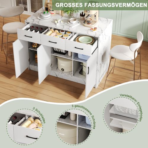 Îlot De Cuisine En Mdf 120×60×90,5 Cm 3 Tiroirs 3 Portes Étagères Réglables, Blanc Marbré