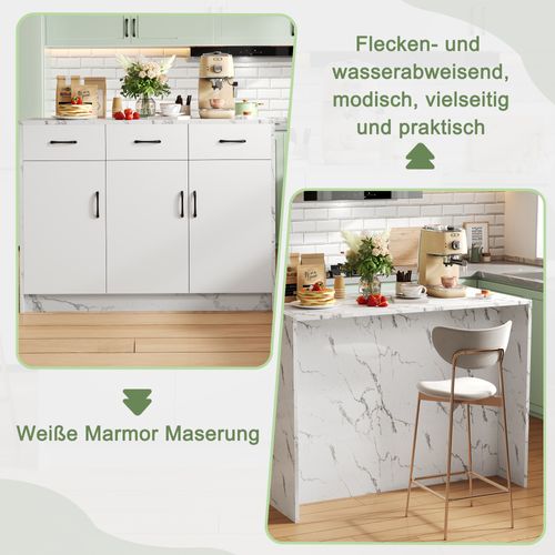 Îlot De Cuisine En Mdf 120×60×90,5 Cm 3 Tiroirs 3 Portes Étagères Réglables, Blanc Marbré