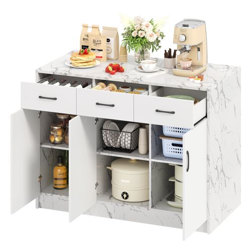 Îlot De Cuisine En Mdf 120×60×90,5 Cm 3 Tiroirs 3 Portes Étagères Réglables, Blanc Marbré