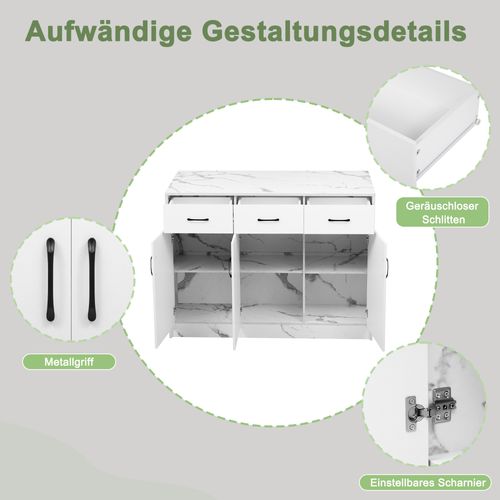 Îlot De Cuisine En Mdf 120×60×90,5 Cm 3 Tiroirs 3 Portes Étagères Réglables, Blanc Marbré