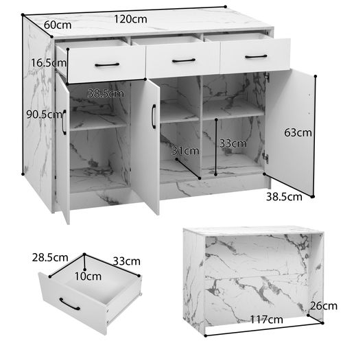 Îlot De Cuisine En Mdf 120×60×90,5 Cm 3 Tiroirs 3 Portes Étagères Réglables, Blanc Marbré