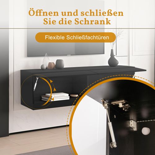 Meuble TV Mdf Suspendu 140x35x40cm Avec LED 7 Couleurs, Noir