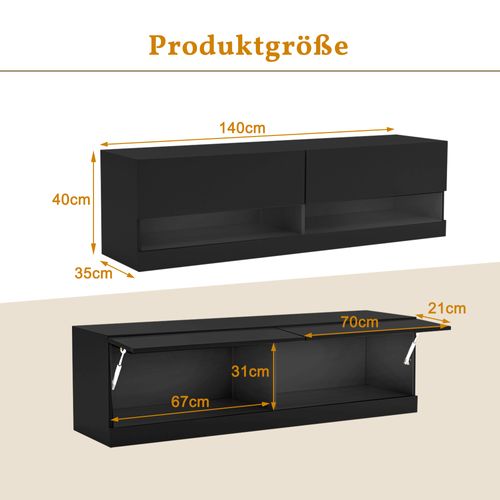Meuble TV Mdf Suspendu 140x35x40cm Avec LED 7 Couleurs, Noir