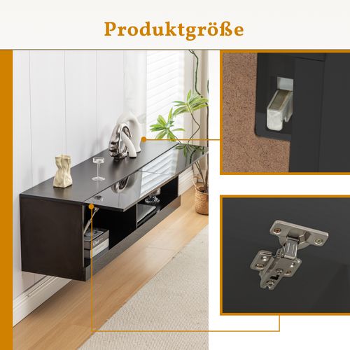 Meuble TV Mdf Suspendu 140x35x40cm Avec LED 7 Couleurs, Noir