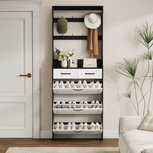 Cabinet à Chaussures Noir, En Bois, Avec Porte, 3 Portes, 2 Tiroirs