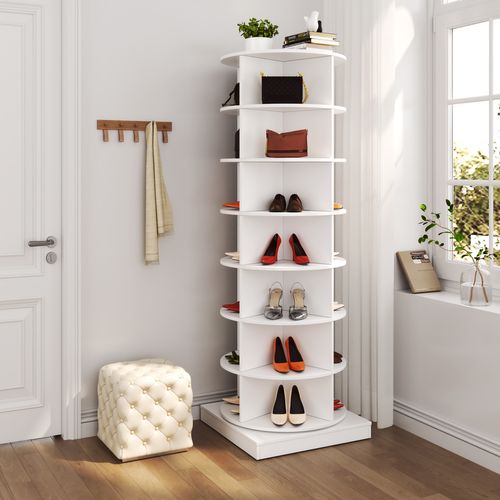 Armoire à Chaussures 360 Blanche 7 Niveaux Rotative Capacité 28 Paires