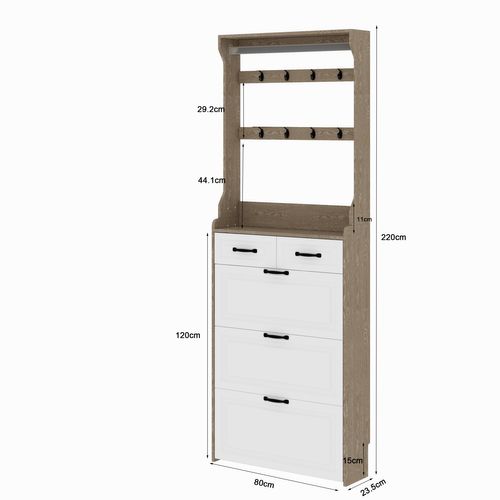 Cabinet à Chaussures En Chêne Blanc Avec Porte-manteau, 3 Portes 2 Tiroirs