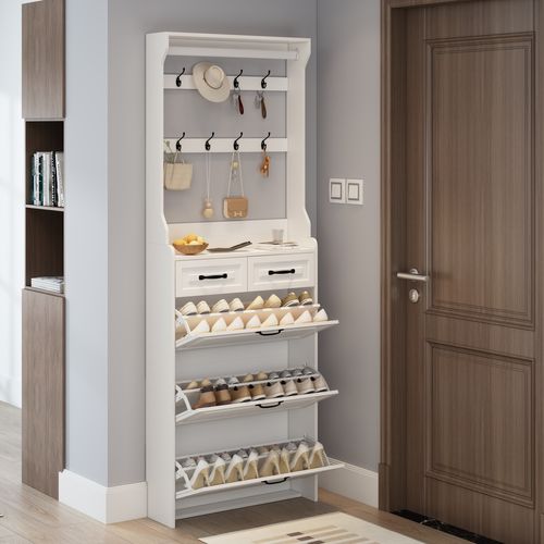 Cabinet à Chaussures Blanc Avec Porte-manteau, 3 Portes 2 Tiroirs