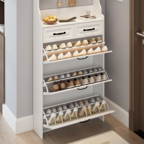 Cabinet à Chaussures Blanc Avec Porte-manteau, 3 Portes 2 Tiroirs