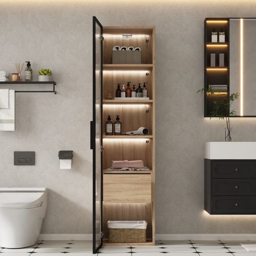 Meuble De Salle De Bain, Bois, Avec Bande Lumineuse, 40 Cm, 1 Tiroir Grand, 1 Porte Vitrée