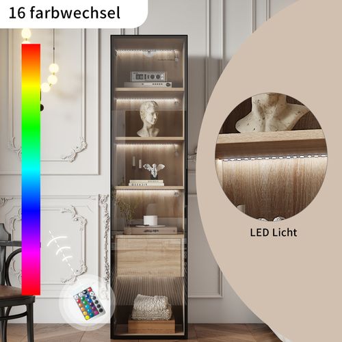 Meuble De Salle De Bain, Bois, Avec Bande Lumineuse, 40 Cm, 1 Tiroir Grand, 1 Porte Vitrée