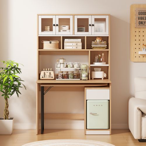 Bureau Avec Rangement, Bois Naturel, 180 Cm, Blanc